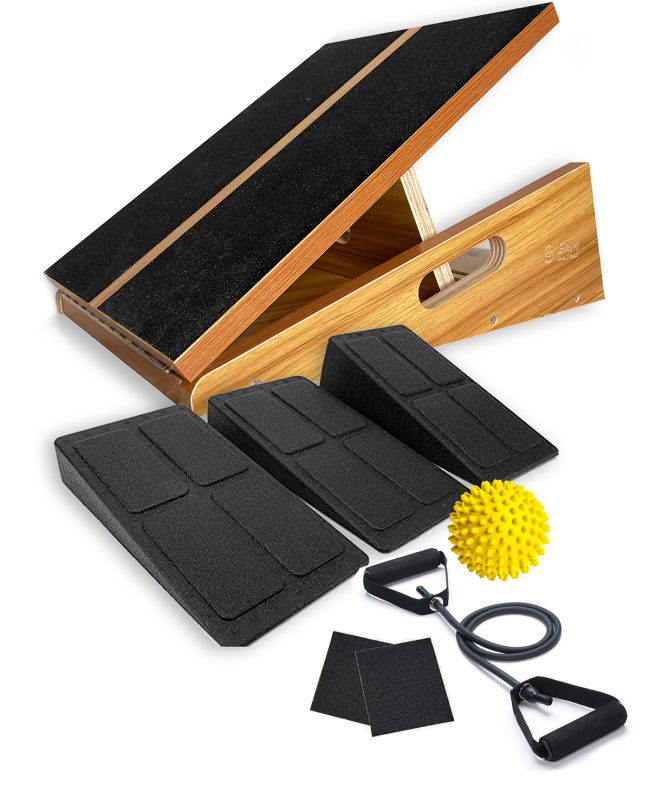 Wood slant board and calf stretcher package 5 in 1 slant board and calf stretcher package, with massage ball, resistance stretch band and extra grip tape for the wooden slant board.
