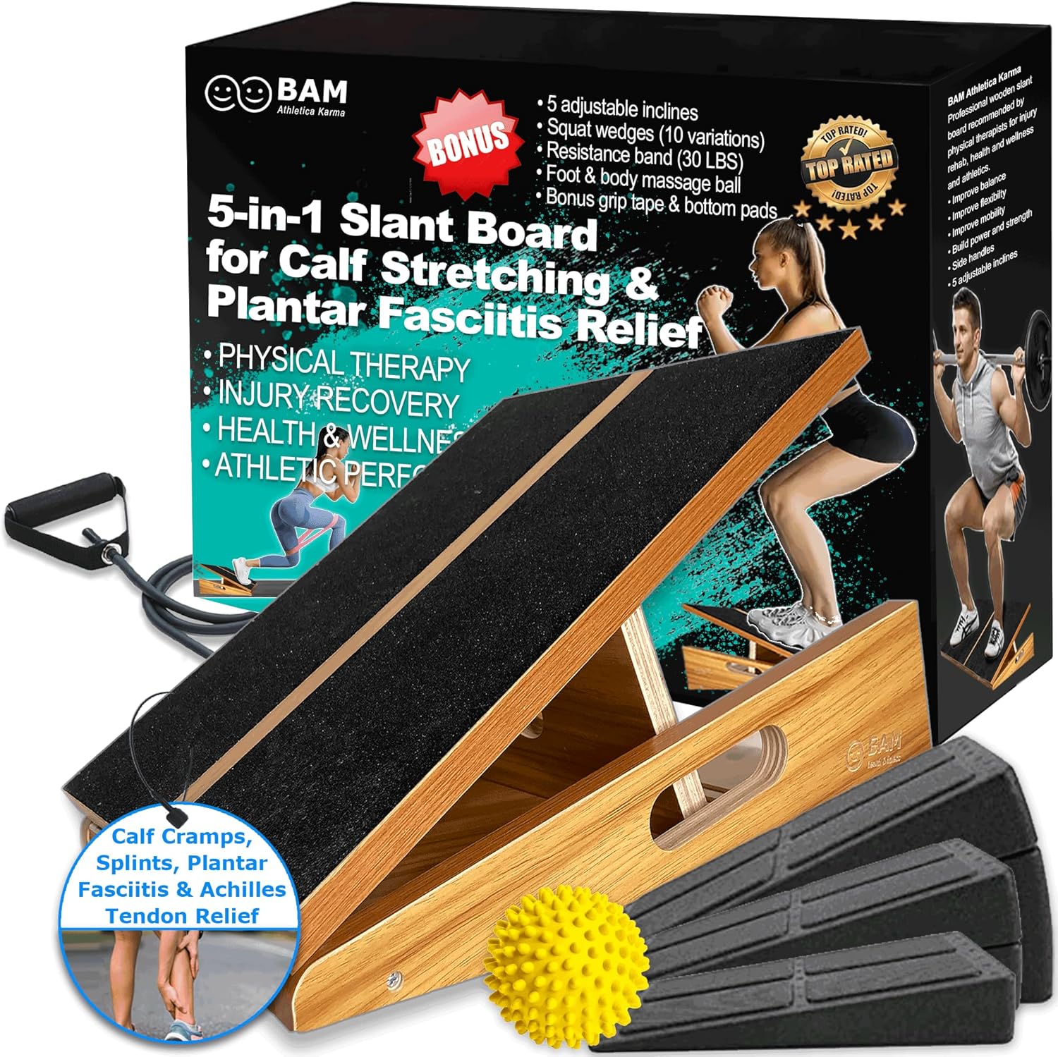 BAM calf stretcher slant board or incline board for plantar fasciitis, squat wedges and overall fitness and exercise 