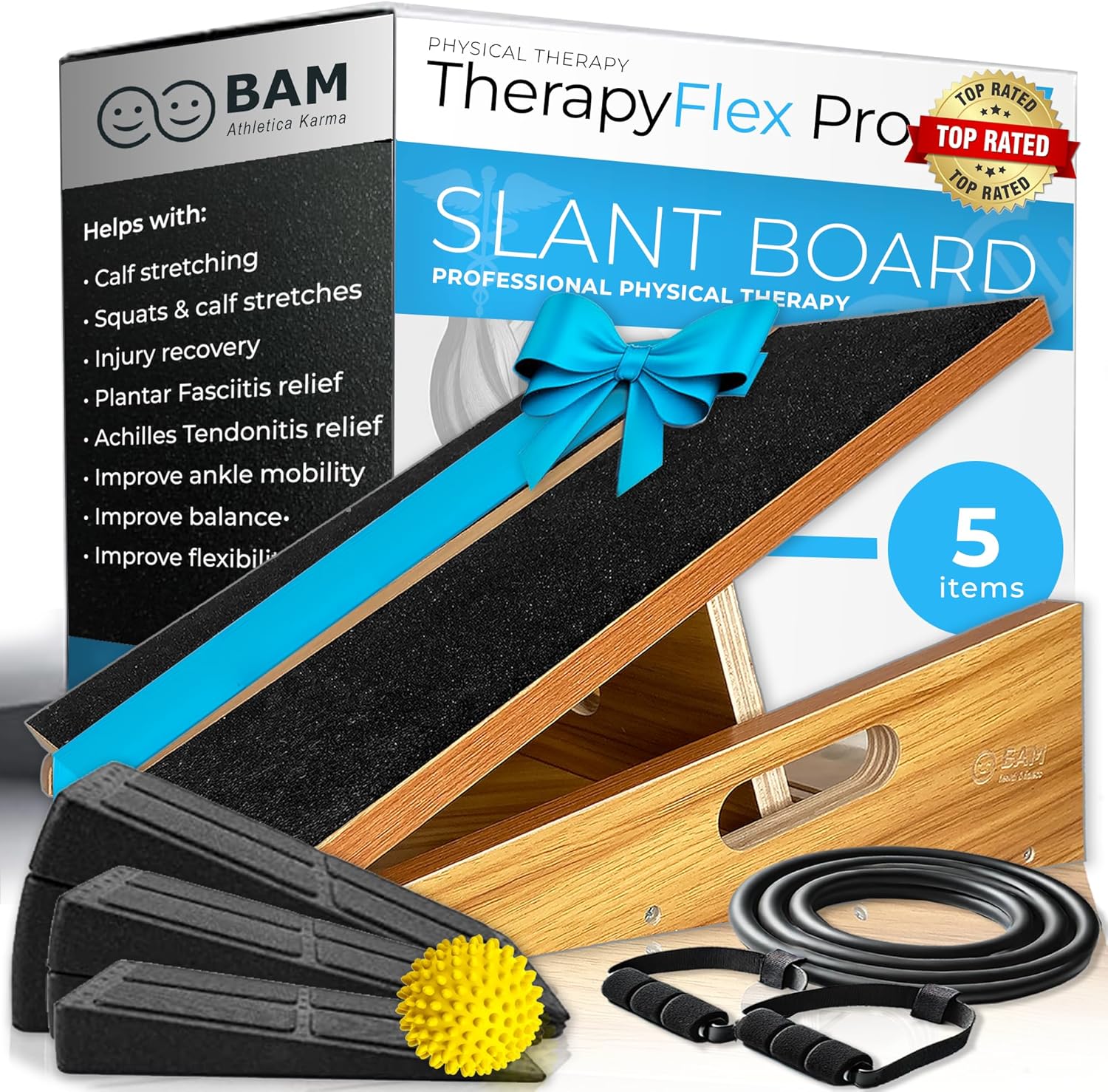 BAM TherapyFlex Pro 5-in-1 adjustable slant board for calf stretching, squats and physical therapy treatment (ex. plantar fasciitis pain relief, achilles tendonitis pain relief). The professional physical therapy calf slant board solution comes with massage ball, resistance band, and extra top surface grip.