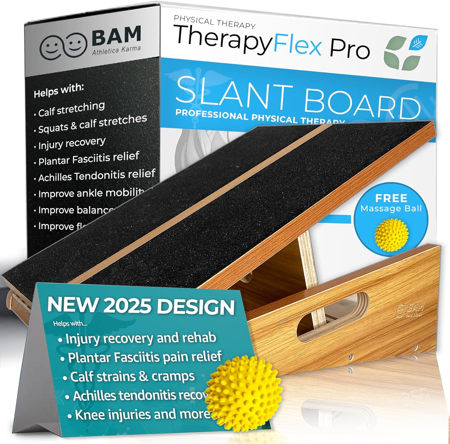 BAM TherapyFlex Pro adjustable calf stretcher slant board for squats, calf stretching and physical therapy treatment of injury recovery and preventation (ex. plantar fasciitis pain relief, achilles tendonitis pain relief). The professional slant board comes with a massage ball to target deep muscle pain relief.