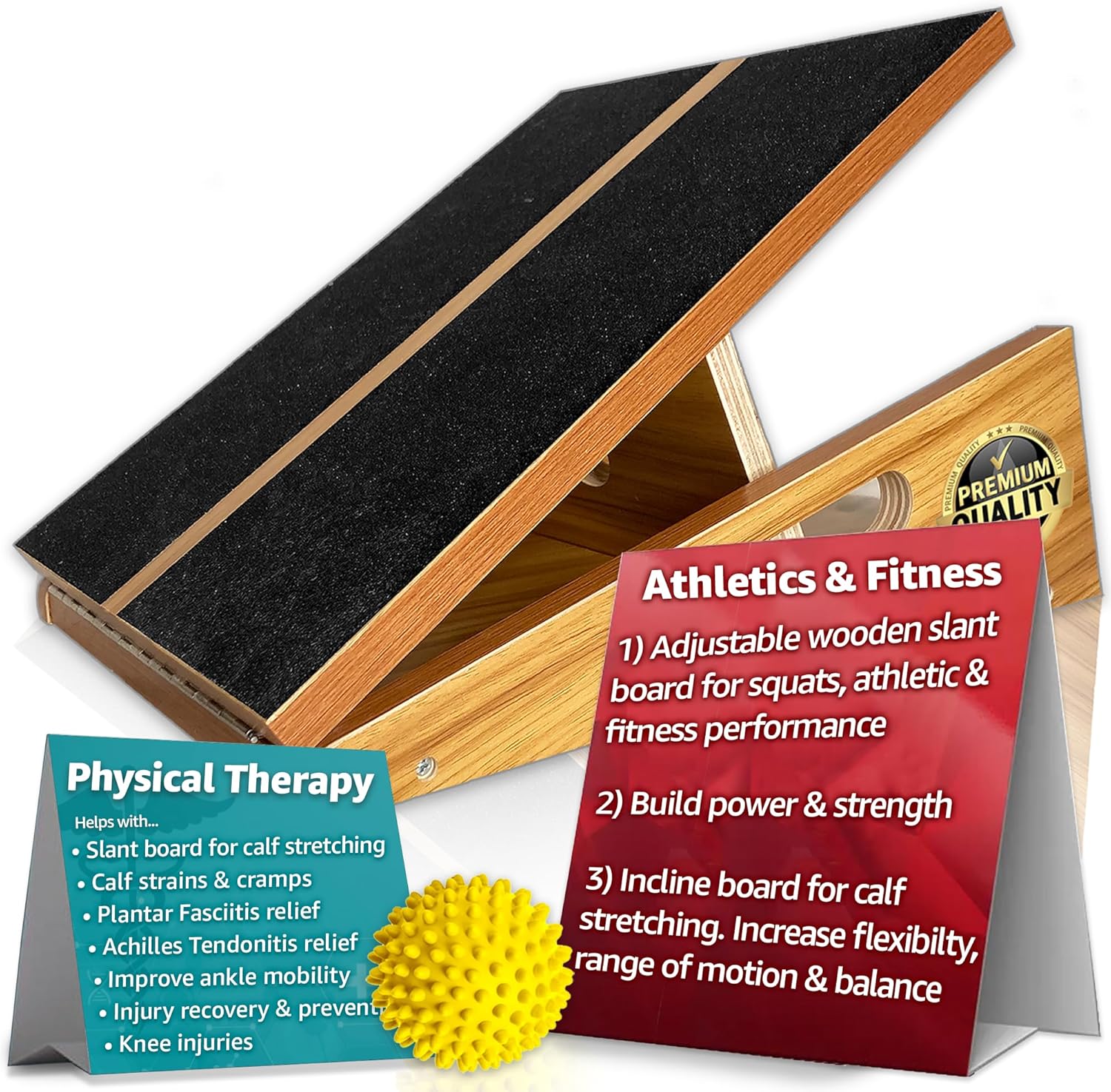 BAM Athletica's calf stretcher slant board for calf stretching. Adjustable incline board for calf stretching and fitness.