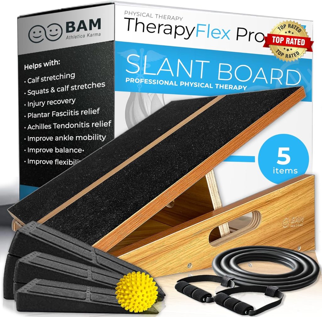 BAM's All-in-One TherapyFlex Pro Physical Therapy wooden adjustable slant board, all-in-one solution for calf stretching, physical therapy injury recovery and pain relief from plantars faciitis, achilles tendonitis, knee and calf pain relief.