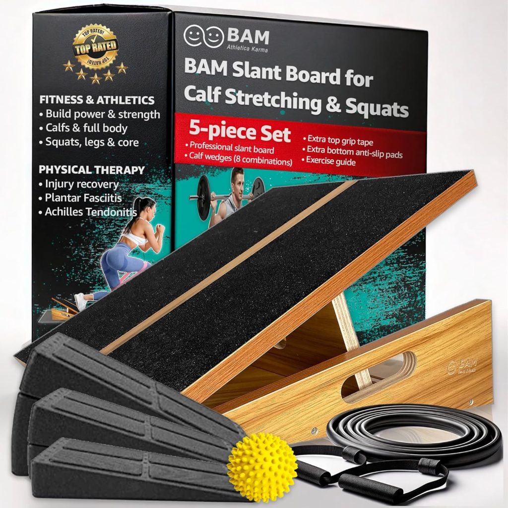 BAM Athletica's 5-in-1 slant board solution for exercise and physical therapy. The incline board calf stretcher comes with 3-piece squat wedge, resistance band, massage ball and extra top surface grip tape and bottom and-scratch pads.