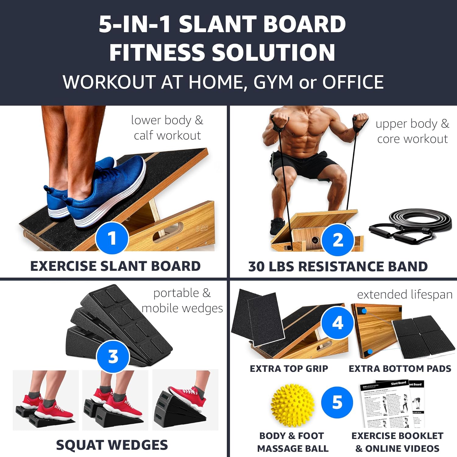 BAM Athletics All-in-One slant boards for exercise and calf stretching | Velour slant board | The slant board comes with a 30 lbs restance band, portable squat wedge, extra grip tape and bottom pads and massage ball for pain relief