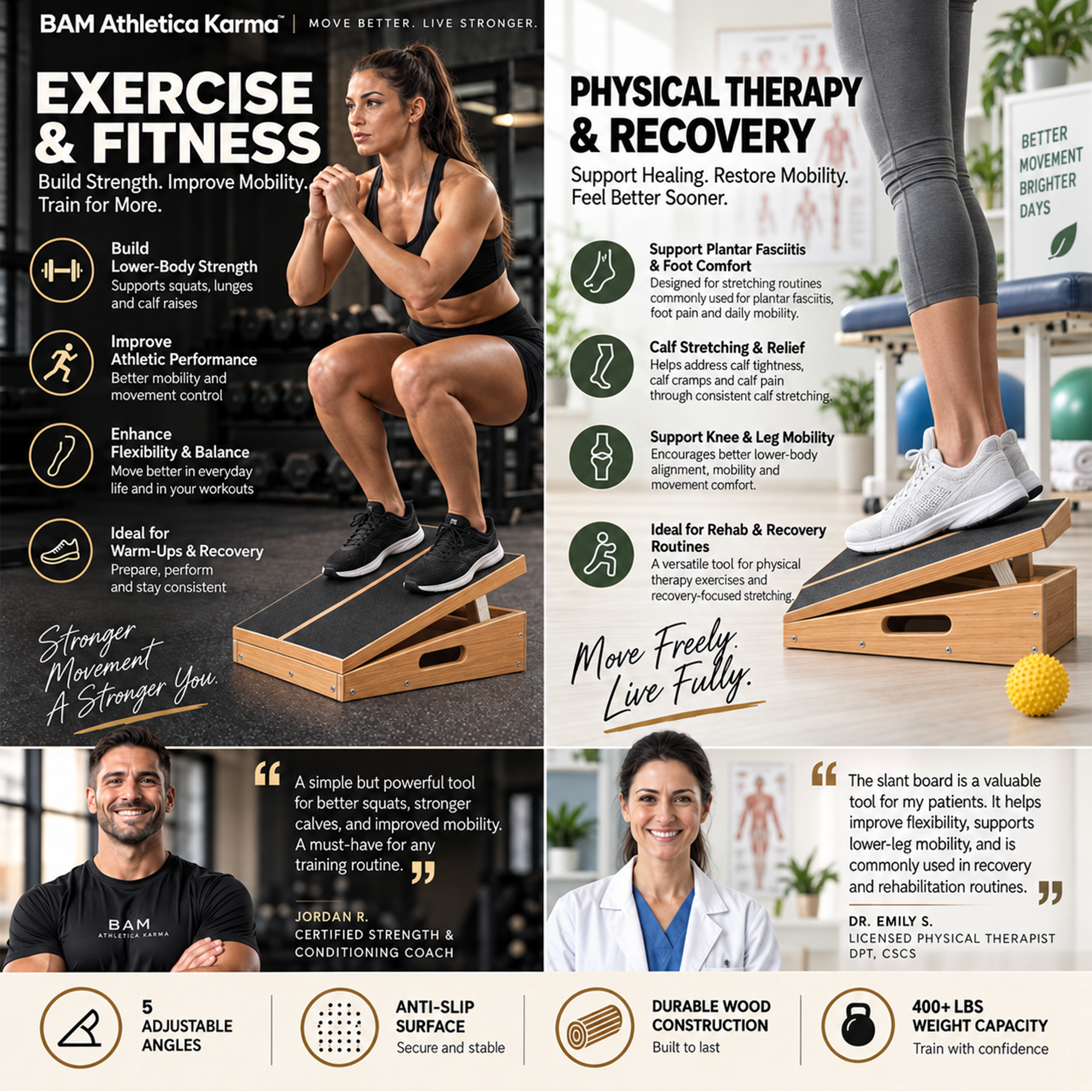 BAM Athletica slant boards for exercise | slant board for calf stretching | Velour slant board velorboard | Slant board for physical therapy as plantar fasciitis