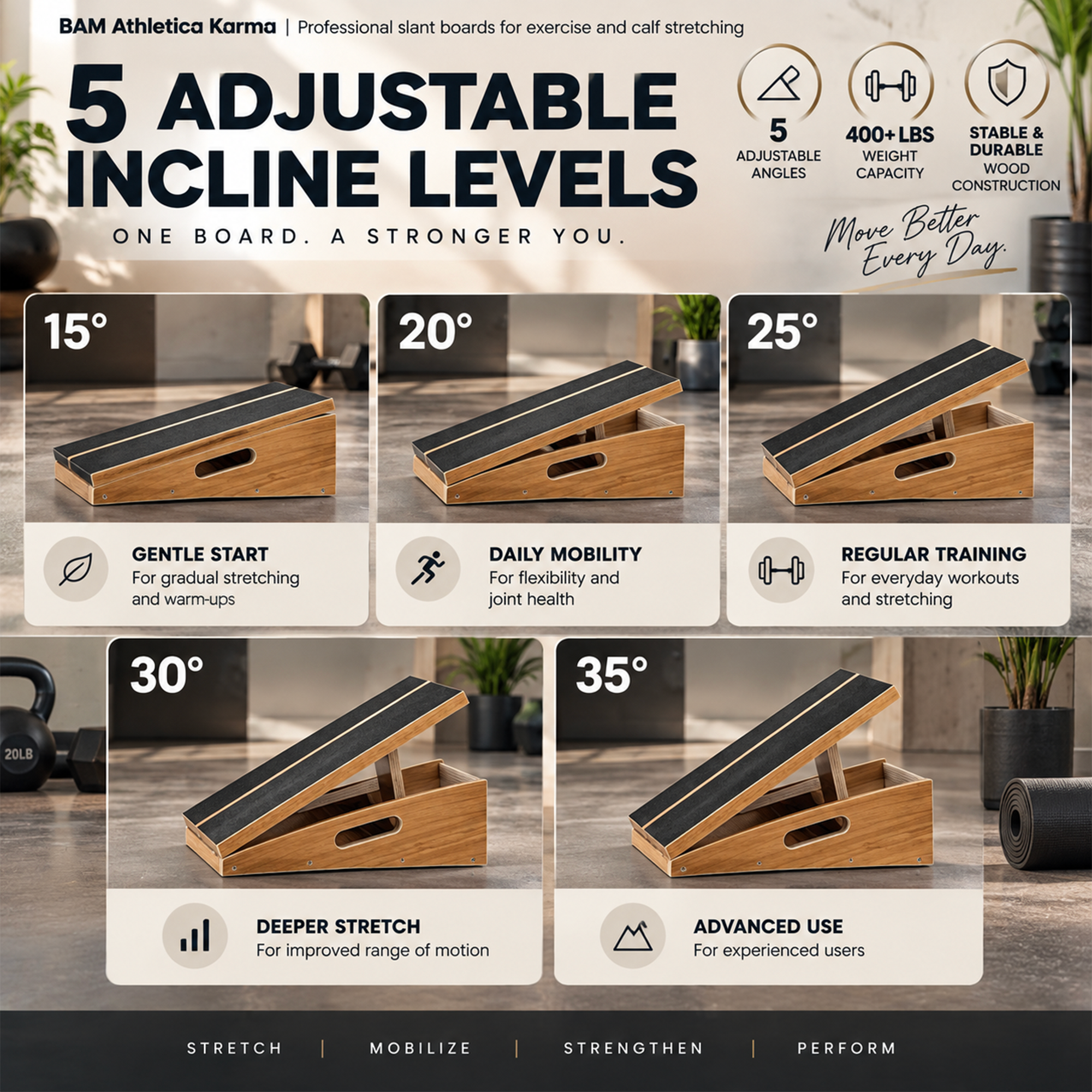 BAM Athletica slant boards for exercise | adjustable wooden slant board for calf stretching | Velour slant board velorboard