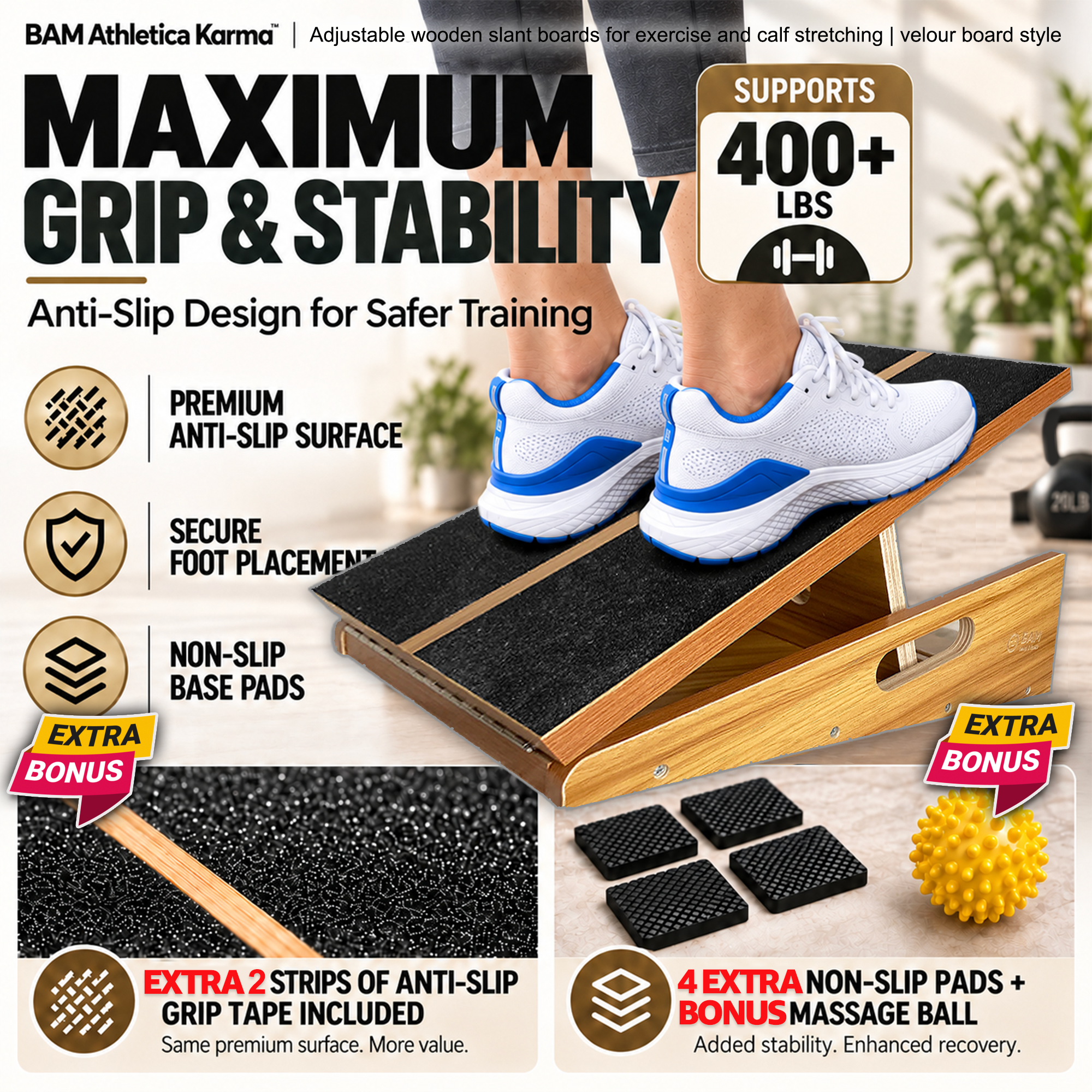 BAM Athletica slant boards for exercise | slant board for calf stretching | Velour slant board velorboard | Slant board grip and stability with extra pads and grip and spikey massage ball for the foot and tight muscles