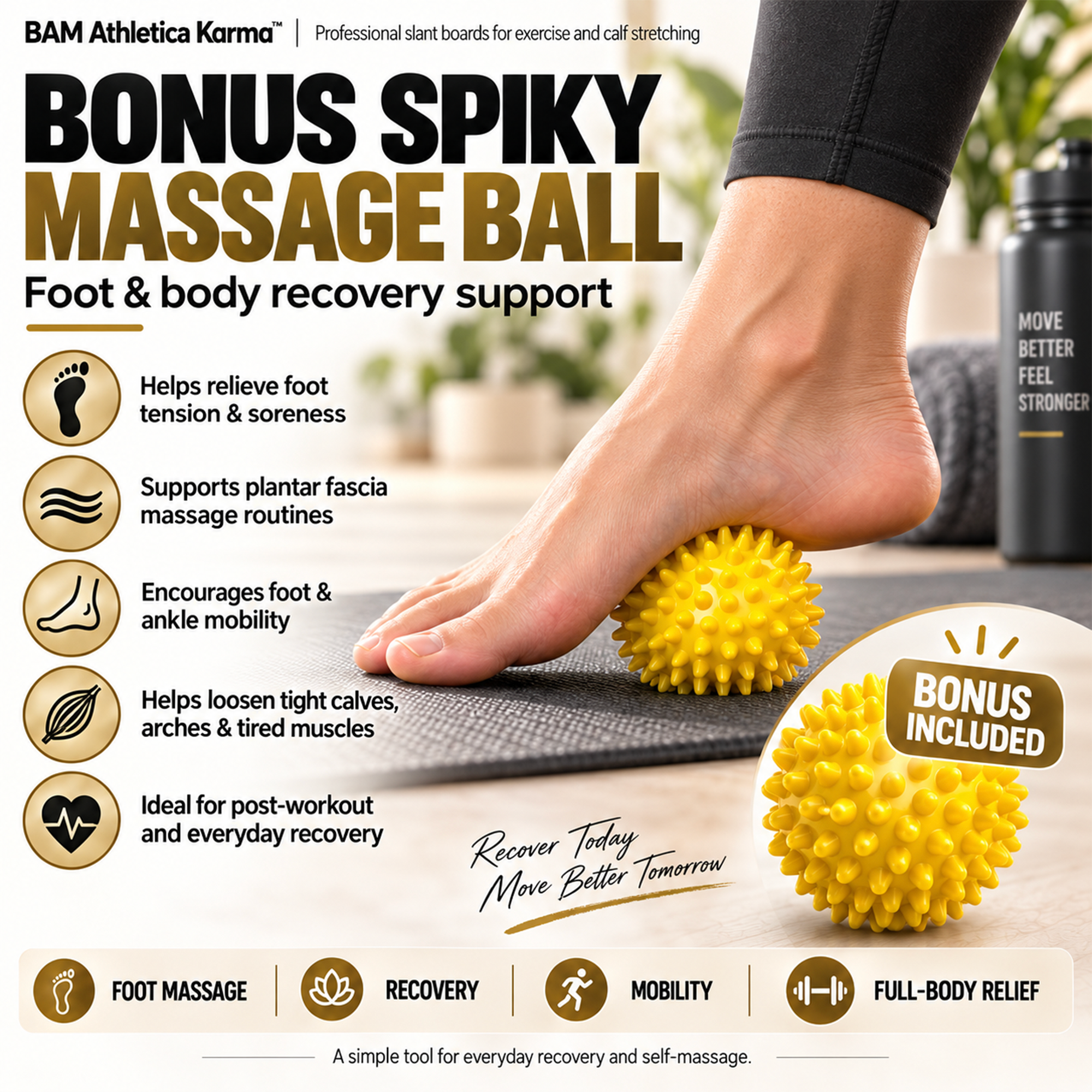 BAM Athletica slant boards for exercise | slant board for calf stretching | Velour slant board velorboard | spikey foot massage ball