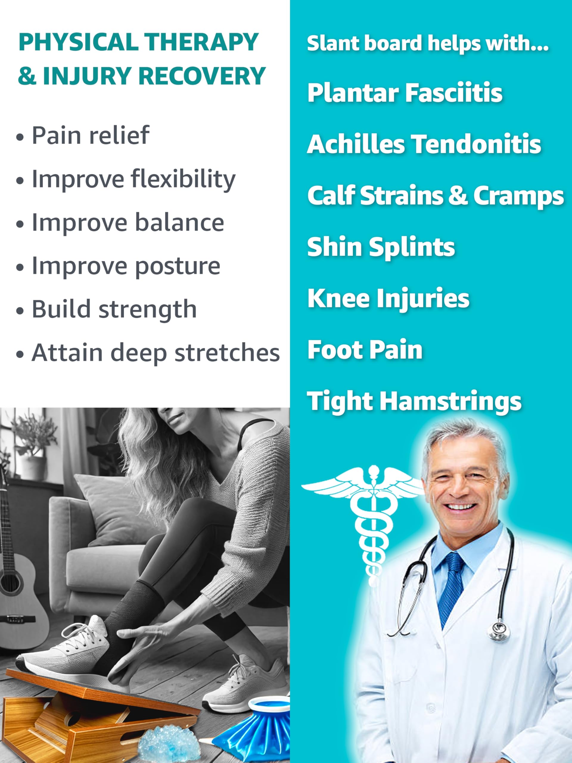 BAM Athletica professional adjustable wooden slant board for physical therapy. Injury rehabilitation and recovery from calf strains, calf cramps, plantar fasciitis pain relief, achilles tendonitis, heel spurs, knee pain and ankle mobility.