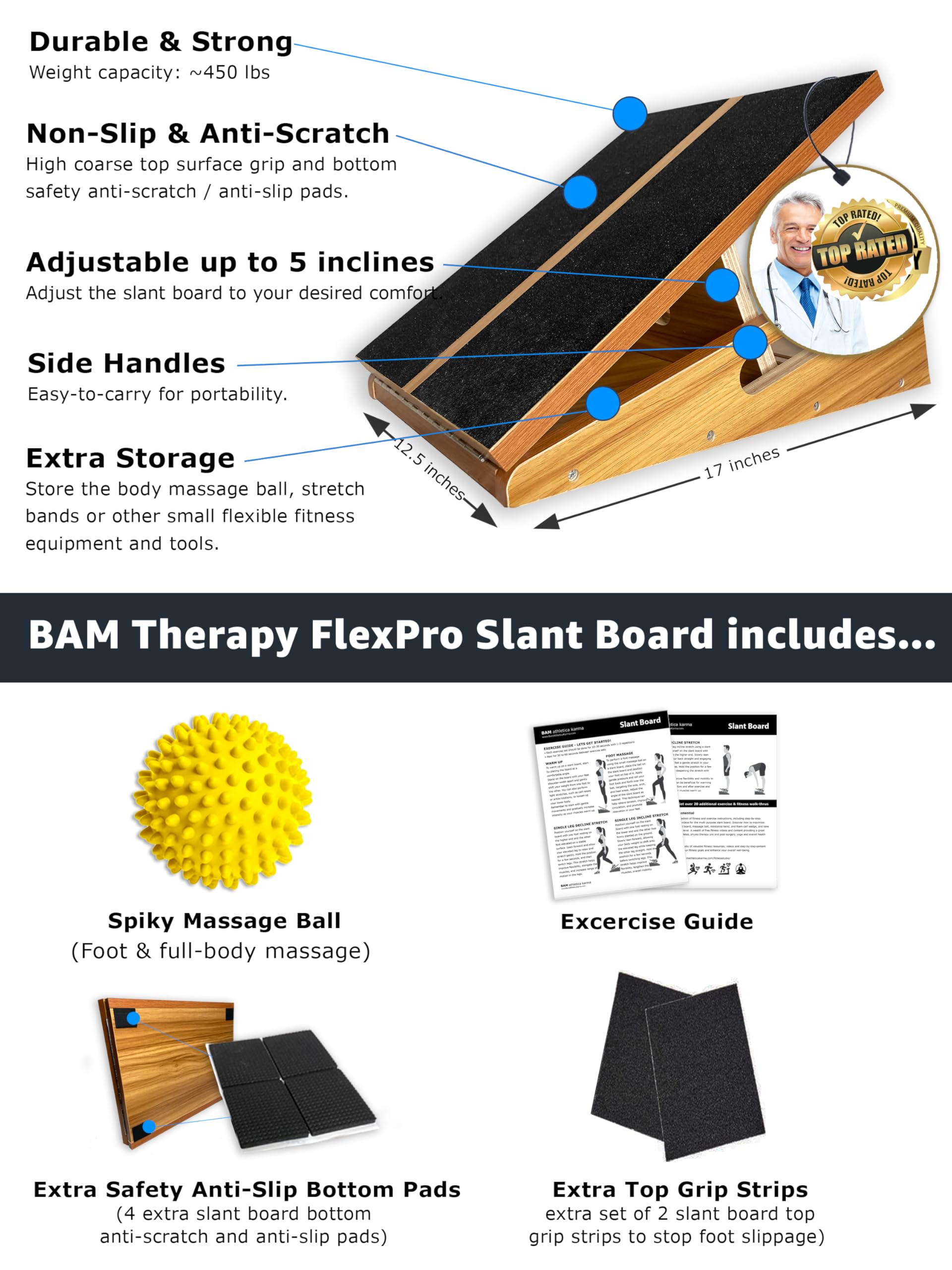 BAM Athletica professional adjustable wooden slant board for physical therapy. Injury rehabilitation and recovery from calf strains, calf cramps, plantar fasciitis pain relief, achilles tendonitis, heel spurs, knee pain and ankle mobility.